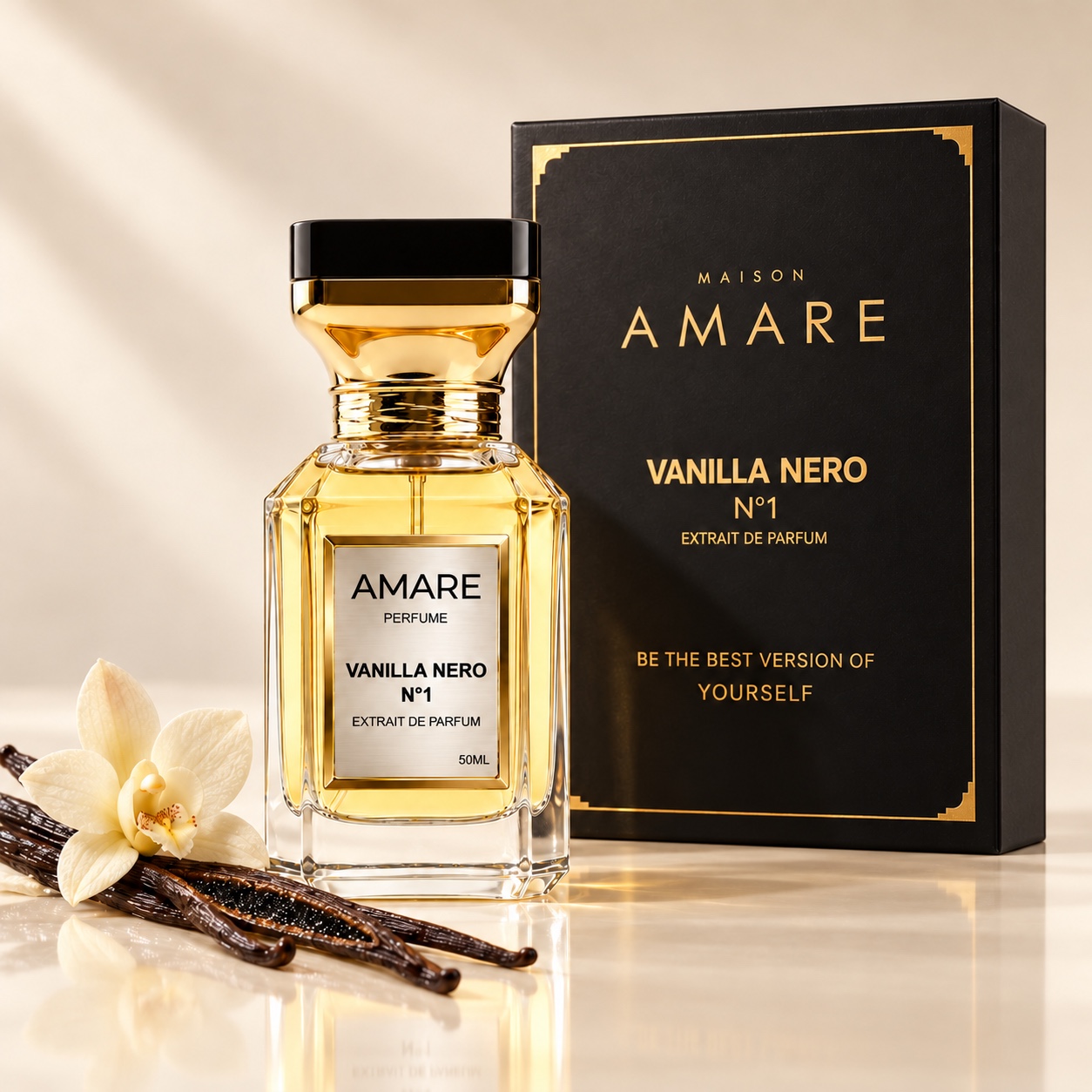 Le flacon Vanilla Nero N°1 devant son nouveau coffret noir et or