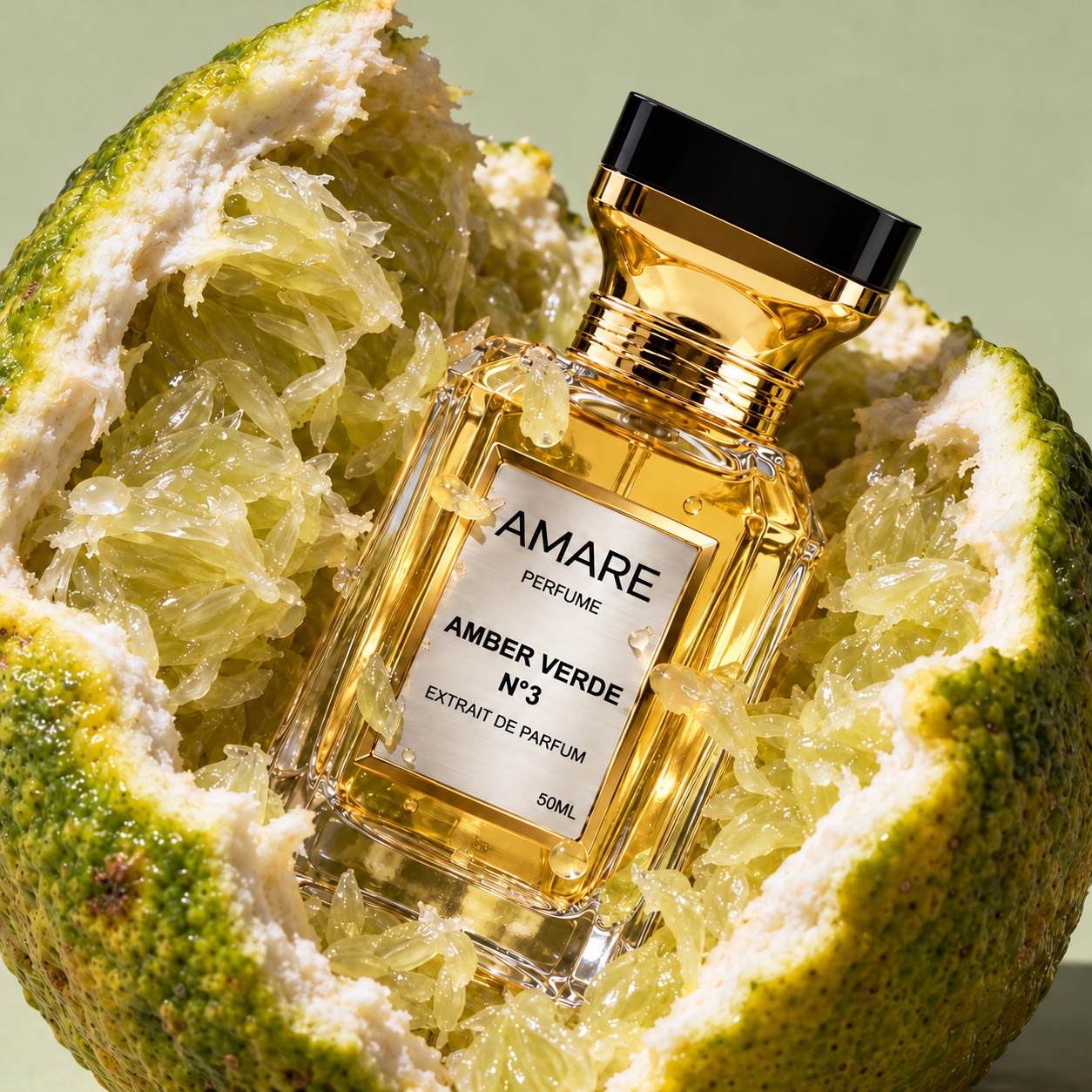 Étiquette en métal du flacon Amber Verde N°3, posé dans une bergamote ouverte